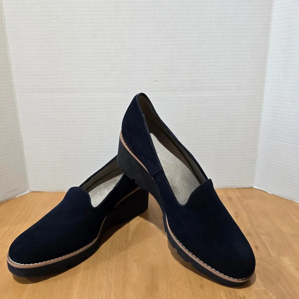 Vionic Willa Wedge Loafers Womens 9.5 Navy Blue Suede‎